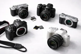 Collection of budget cameras under 500 dollars on a clean background
