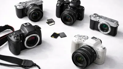 Collection of budget cameras under 500 dollars on a clean background