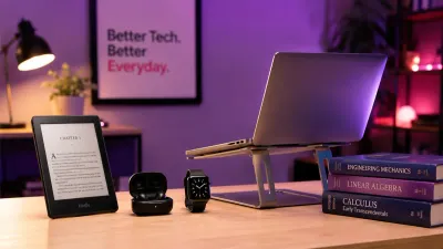 A desk with student gift ideas including an e-reader, earbuds, and a laptop stand