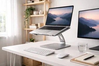 Collection of laptop stands at different heights on a desk