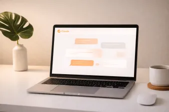Claude AI interface on a laptop in a modern workspace