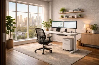 Illustration showing a complete home office desk upgrade setup