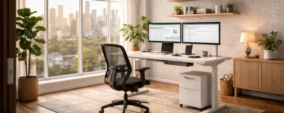Illustration showing a complete home office desk upgrade setup