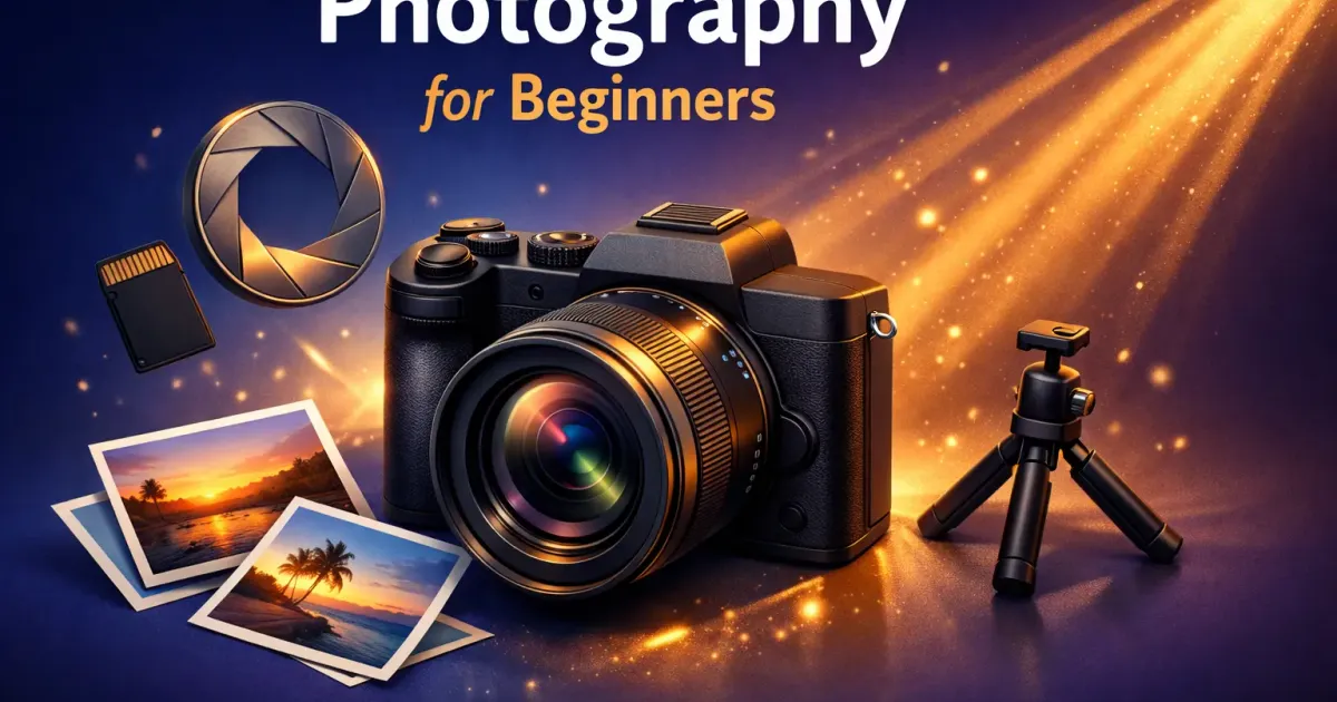 Illustration showing photography fundamentals and camera gear for beginners