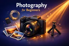 Illustration showing photography fundamentals and camera gear for beginners