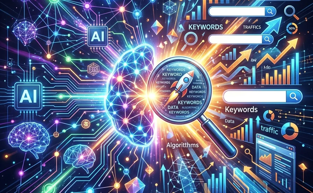 A colorful abstract representation of artificial intelligence intersecting with search engine optimization.
