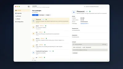 Official BrewUI application window in Homebrew 7 showing package management interface and cask details
