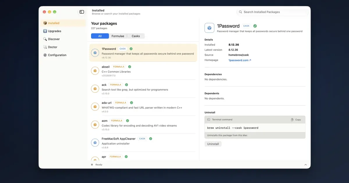 Official BrewUI application window in Homebrew 7 showing package management interface and cask details