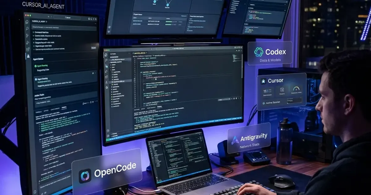 Comparison of OpenCode, Cursor, Codex, and Antigravity AI coding interfaces on developer monitors