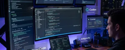 Comparison of OpenCode, Cursor, Codex, and Antigravity AI coding interfaces on developer monitors