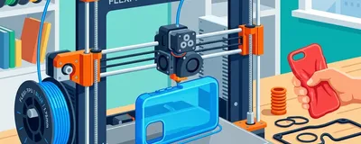 An illustration showing a 3D printer printing a flexible, squishy phone case out of bright blue TPU filament