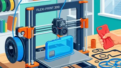 An illustration showing a 3D printer printing a flexible, squishy phone case out of bright blue TPU filament