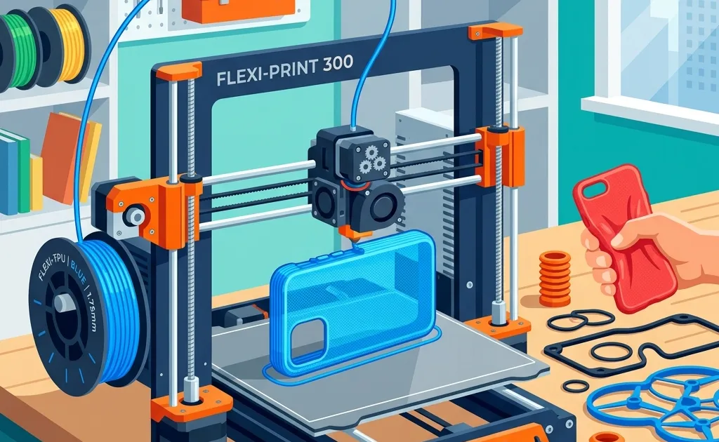 An illustration showing a 3D printer printing a flexible, squishy phone case out of bright blue TPU filament