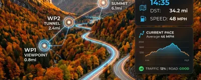 AI route planning map interface overlay on scenic mountain road