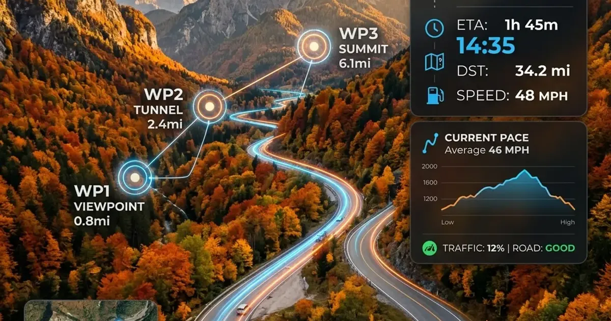 AI route planning map interface overlay on scenic mountain road