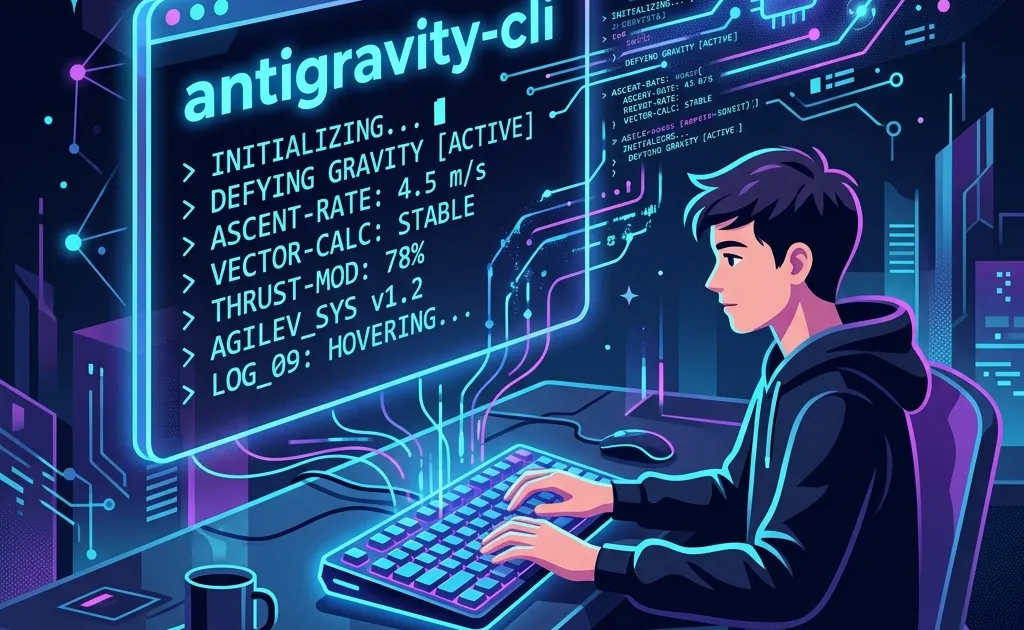 A programmer using the Antigravity CLI in a futuristic terminal interface.