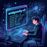 A programmer using the Antigravity CLI in a futuristic terminal interface.
