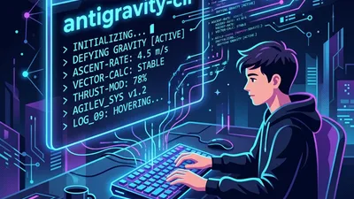 A programmer using the Antigravity CLI in a futuristic terminal interface.