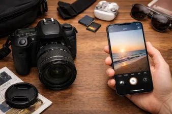 Side-by-side comparison of a dedicated camera and smartphone camera