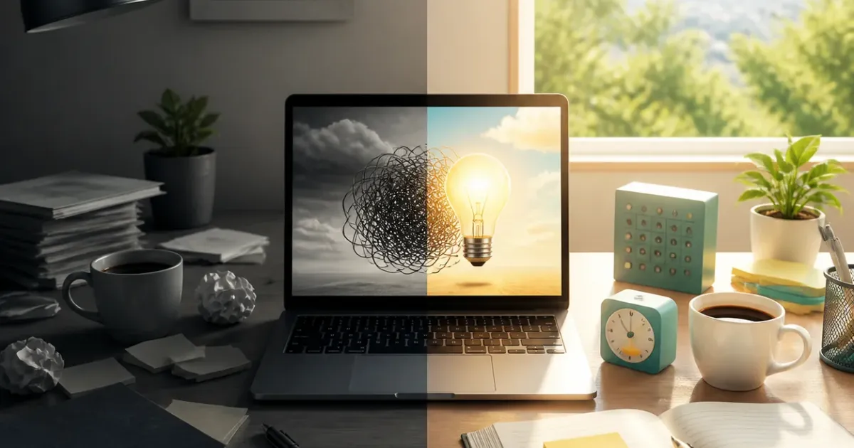A split office desk scene showing a dull workspace transforming into a bright, organized productivity setup.