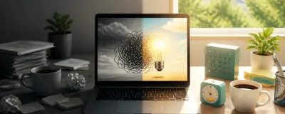 A split office desk scene showing a dull workspace transforming into a bright, organized productivity setup.