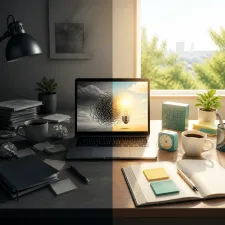 A split office desk scene showing a dull workspace transforming into a bright, organized productivity setup.