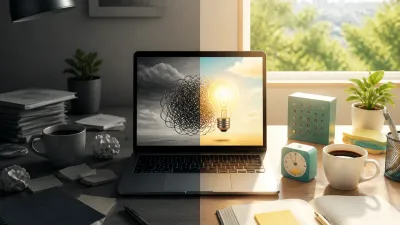 A split office desk scene showing a dull workspace transforming into a bright, organized productivity setup.