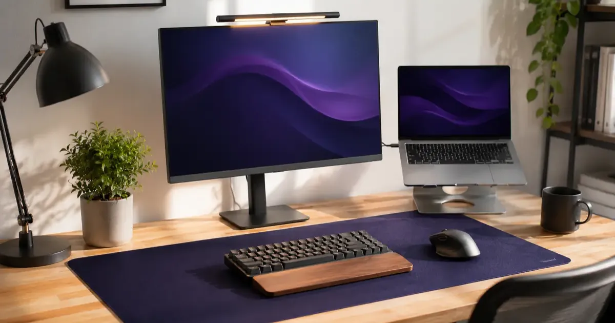 A workspace showing a few affordable desk upgrades: a light bar, a laptop stand, and a desk mat
