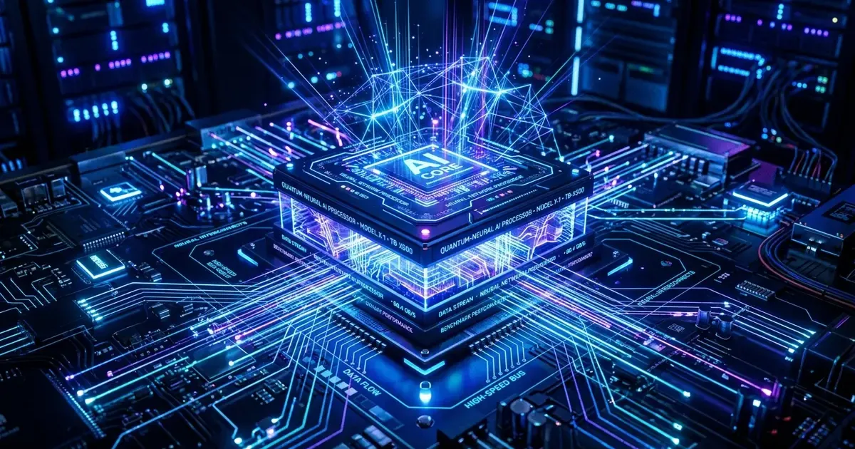 Futuristic glowing AI processor interface showcasing Google Gemini 3.8 speed, multimodal capabilities, and agentic workflows