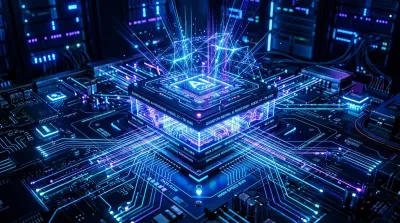 Futuristic glowing AI processor interface representing Google Gemini 3.8 Flash speed and agentic coding workflows