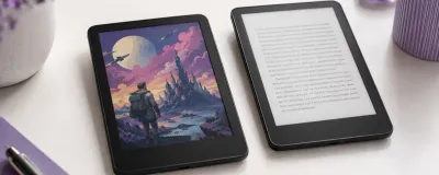 Kindle Colorsoft showing a color book cover next to a monochrome Kindle Paperwhite
