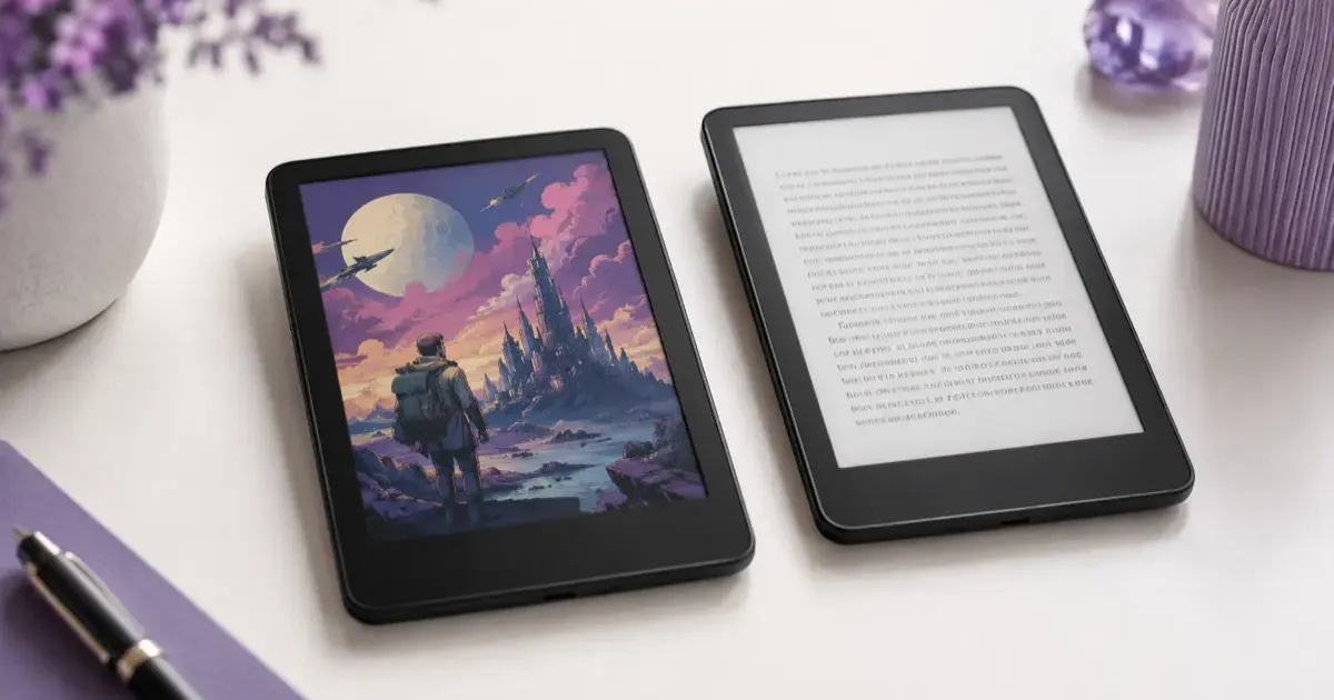Kindle Colorsoft showing a color book cover next to a monochrome Kindle Paperwhite