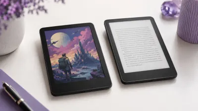 Kindle Colorsoft showing a color book cover next to a monochrome Kindle Paperwhite