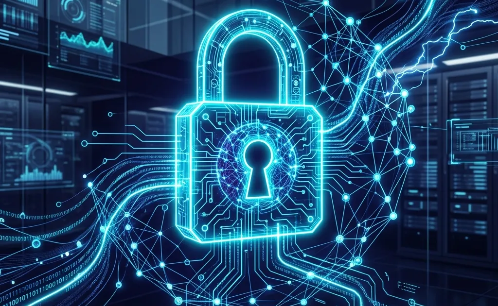 Abstract representation of artificial intelligence protecting a digital network