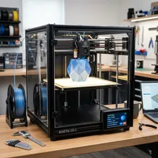 A modern, sleek, high-quality CoreXY 3D printer sitting on a clean workshop desk.