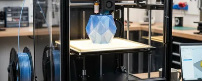 A modern, sleek, high-quality CoreXY 3D printer sitting on a clean workshop desk.