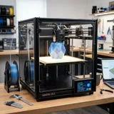 A modern, sleek, high-quality CoreXY 3D printer sitting on a clean workshop desk.
