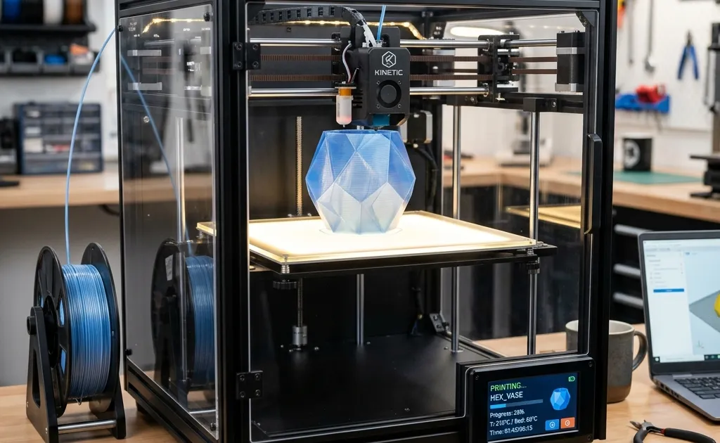A modern, sleek, high-quality CoreXY 3D printer sitting on a clean workshop desk.