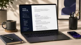 A laptop showing a resume being polished with AI assistance during a job search
