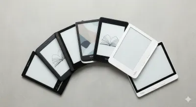 Collection of e-readers from Kindle, Kobo, and Boox on a clean surface
