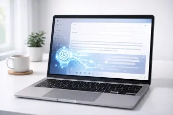 Illustration showing AI email writing tools and prompt templates