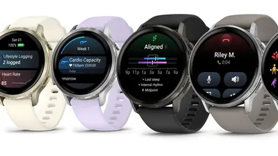 A smartwatch fitness tracker on a wrist displaying AI-driven health metrics and heart rate data