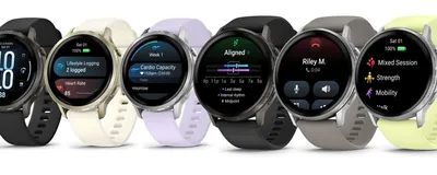 A smartwatch fitness tracker on a wrist displaying AI-driven health metrics and heart rate data