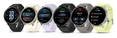 A smartwatch fitness tracker on a wrist displaying AI-driven health metrics and heart rate data