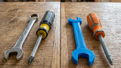 Side-by-side comparison of a metal store-bought tool and a plastic 3D printed tool