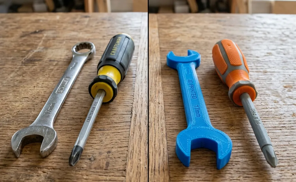 Side-by-side comparison of a metal store-bought tool and a plastic 3D printed tool