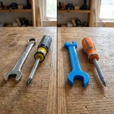 Side-by-side comparison of a metal store-bought tool and a plastic 3D printed tool