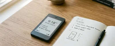 A sleek, modern minimalist 'dumb phone' resting on a clean, wooden productivity desk next to an open paper notebook.