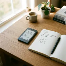 A sleek, modern minimalist 'dumb phone' resting on a clean, wooden productivity desk next to an open paper notebook.