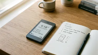 A sleek, modern minimalist 'dumb phone' resting on a clean, wooden productivity desk next to an open paper notebook.